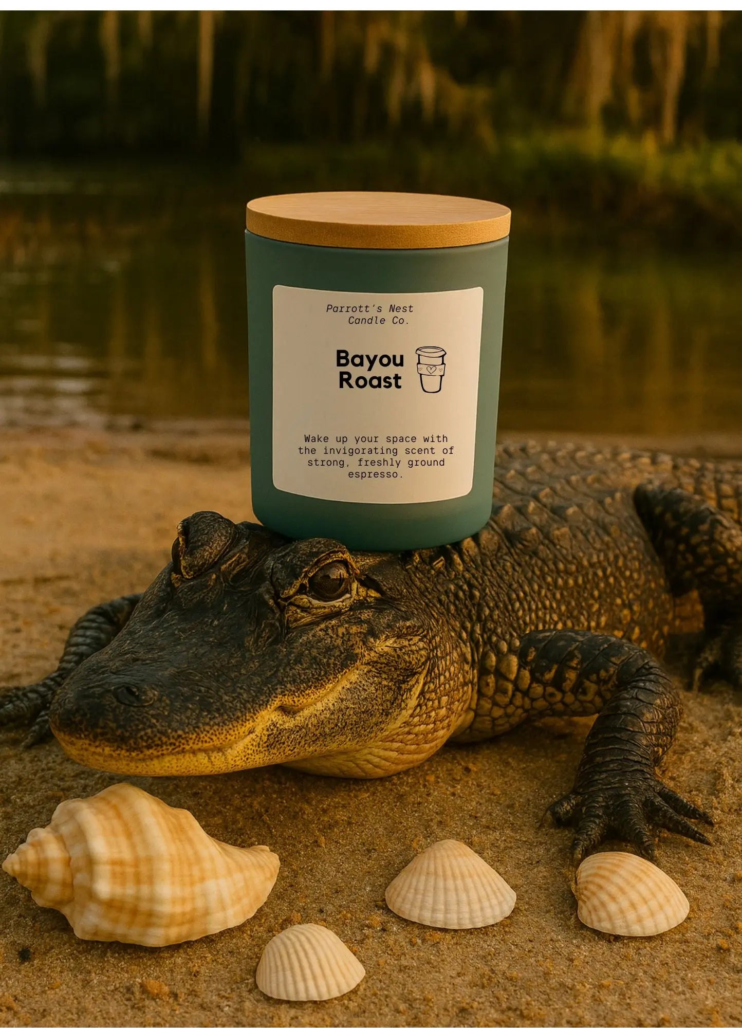 Bayou Roast Soy Candle | 8 oz Coffee Chocolate Hand-Poured Candle by Parrott's Nest Candle Company, Southern food gift main product photo