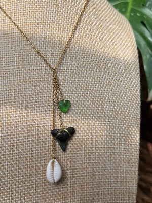 Beach Glass + Cowrie Shell Shark Tooth Necklace by HALT, handmade jewelry detail photo 4