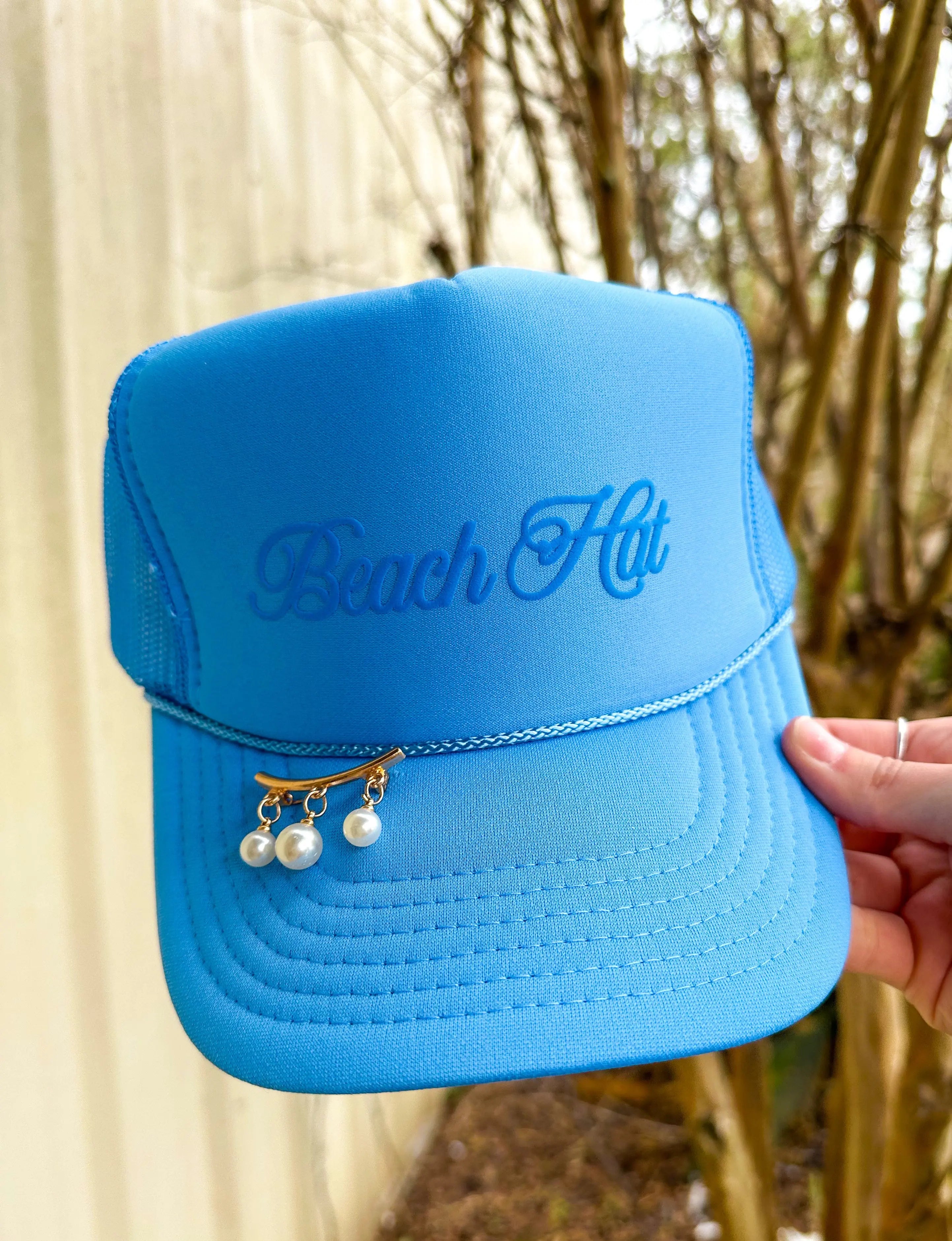 Beach Hat Cursive Columbia Blue Trucker by Southern Bliss Company, Southern lifestyle apparel main product photo