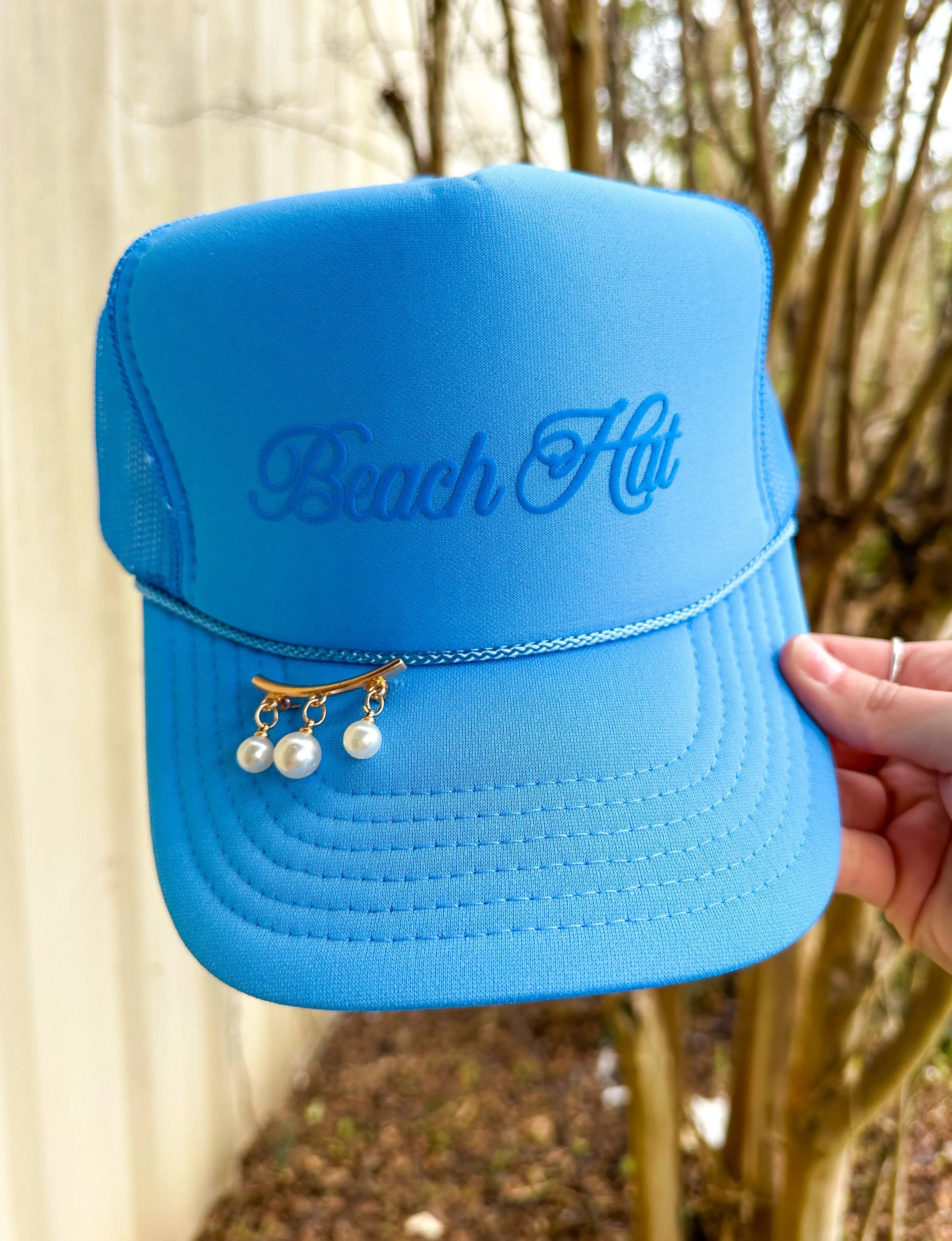 Beach Hat Cursive Columbia Blue Trucker by Southern Bliss Company, Southern lifestyle apparel detail photo 2