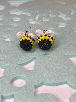Handmade Crochet Bee Earrings - Black & Yellow Bumble Bee Jewelry, Hypoallergenic Cotton, Main Street Collective