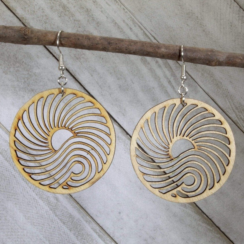 Big Wave Wooden Circle Dangle Earrings | Ocean Surf Jewelry by Cate's Concepts, LLC, handmade jewelry main product photo