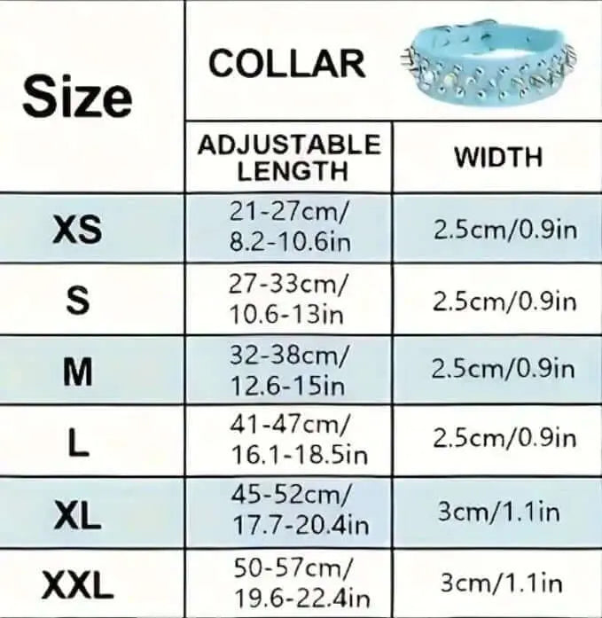 Dog Collar Size Chart: XS, S, M, L, XL, XXL. Adjustable Length & Width Guide for Spiked Collars