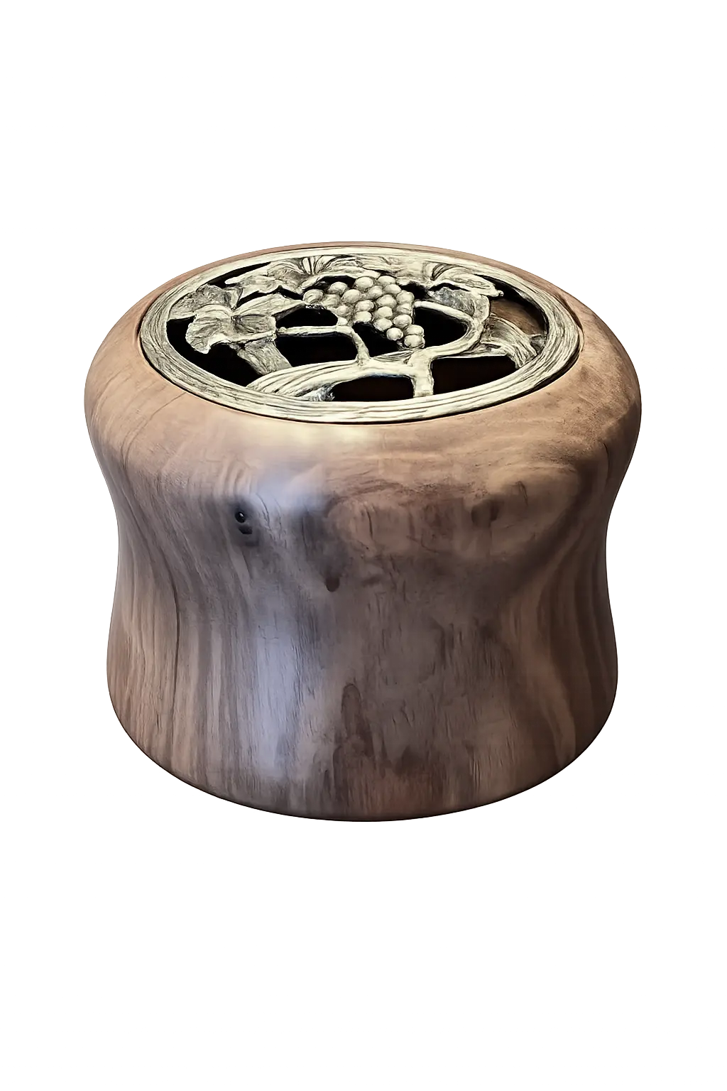 Black Walnut treasure box with a decorative grapevine lid. Handcrafted wooden box for small keepsakes with metal lid.