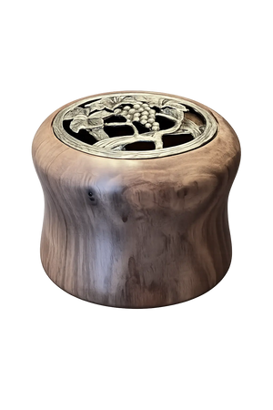 Black Walnut treasure box with a decorative grapevine lid. Handcrafted wooden box for small keepsakes with metal lid.