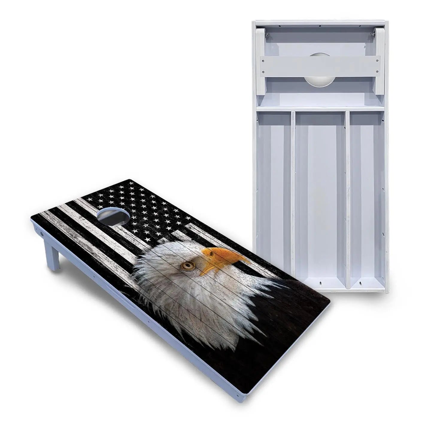 Black & White Eagle Flag Cornhole Boards - All Weather Series by Cornhole Solutions, custom cornhole board main product photo