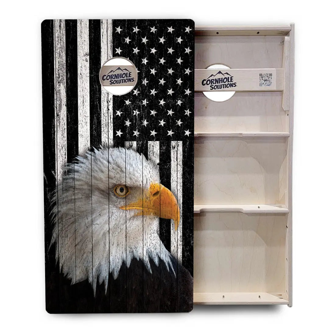 Black & White Eagle Flag Cornhole Boards - Professional Tournament Series Cornhole Solutions