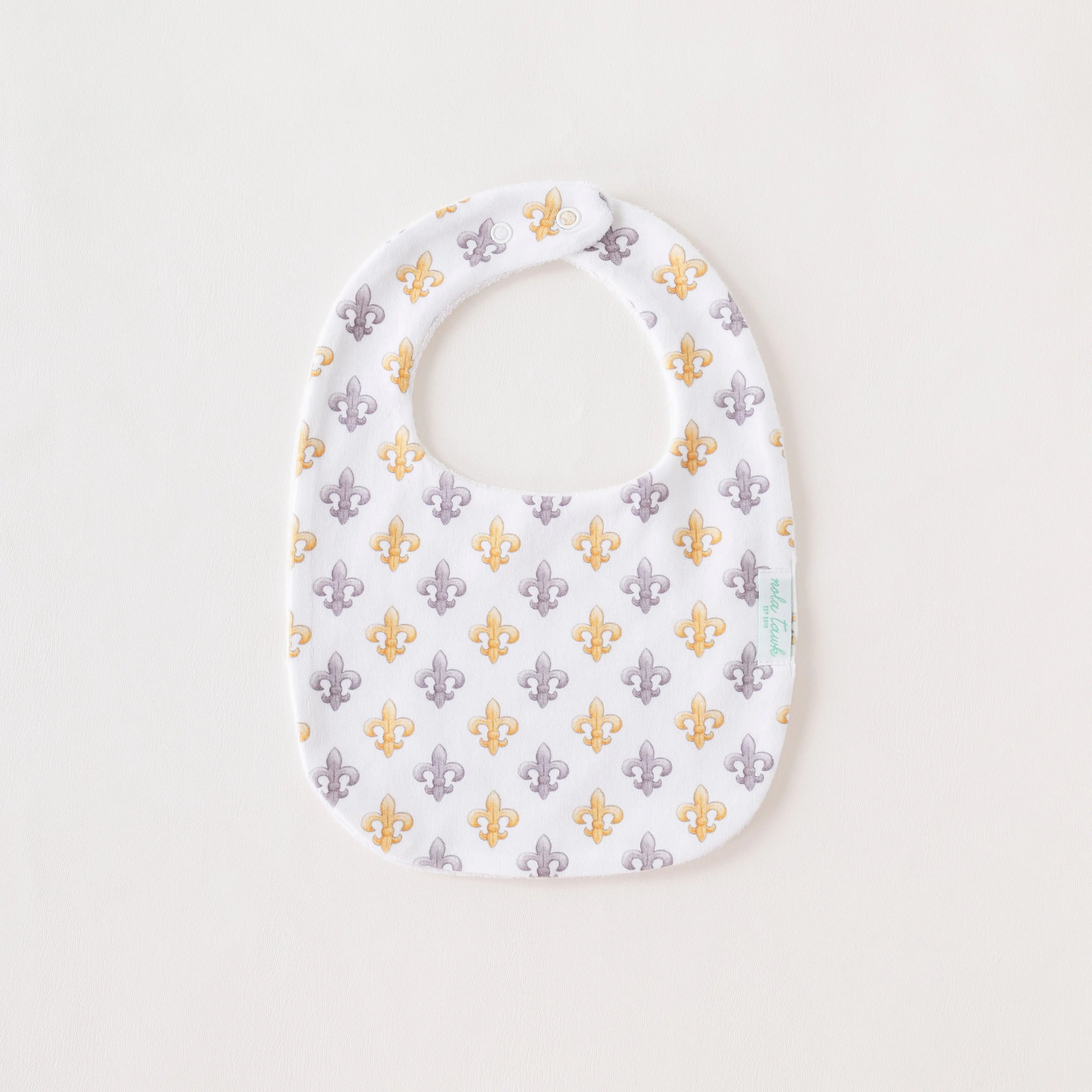Black and Gold Fleur de Lis Organic Cotton Baby Bib by Nola Tawk, children's boutique clothing main product photo