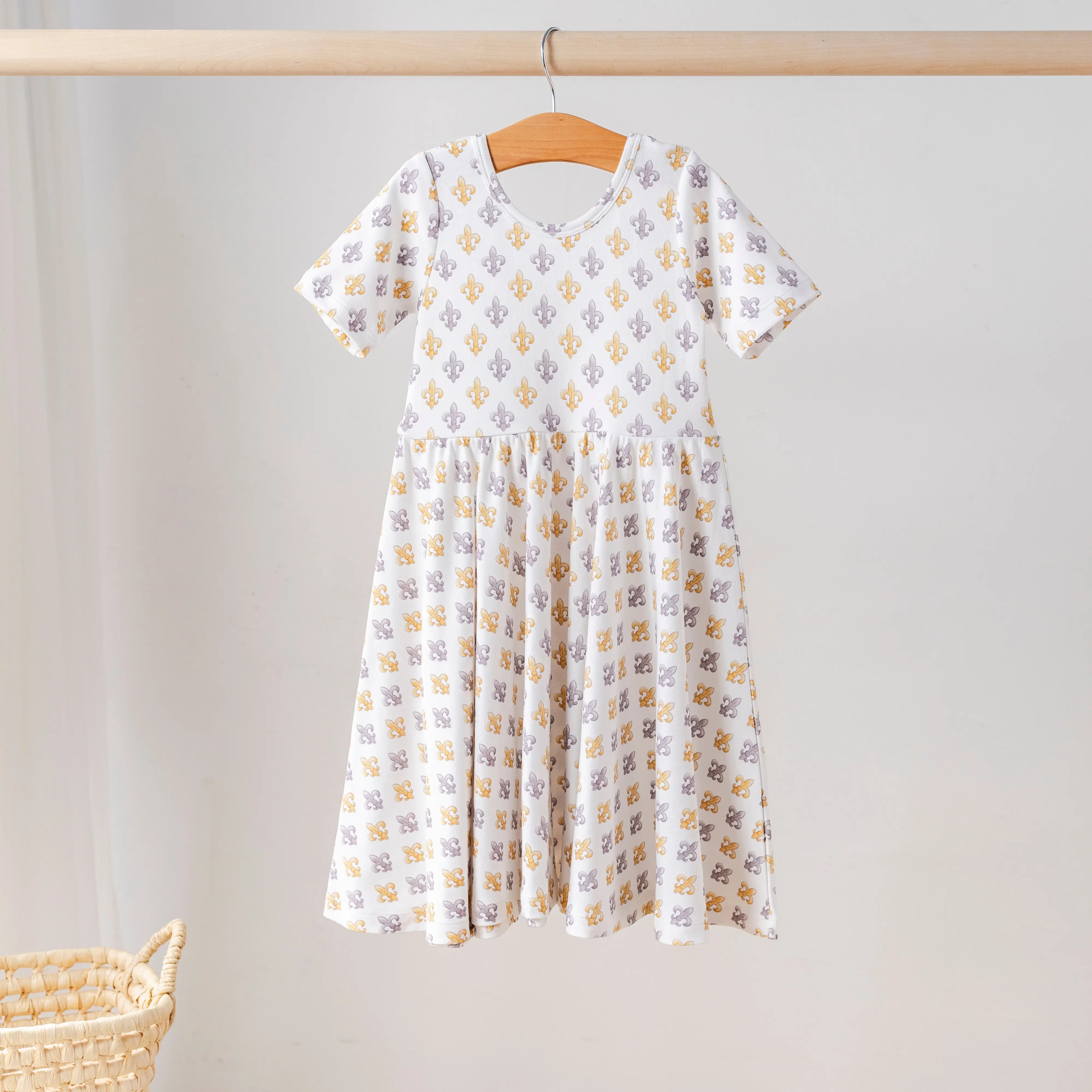 Black and Gold Fleur de Lis Organic Cotton Dress for Kids by Nola Tawk, Southern lifestyle apparel main product photo