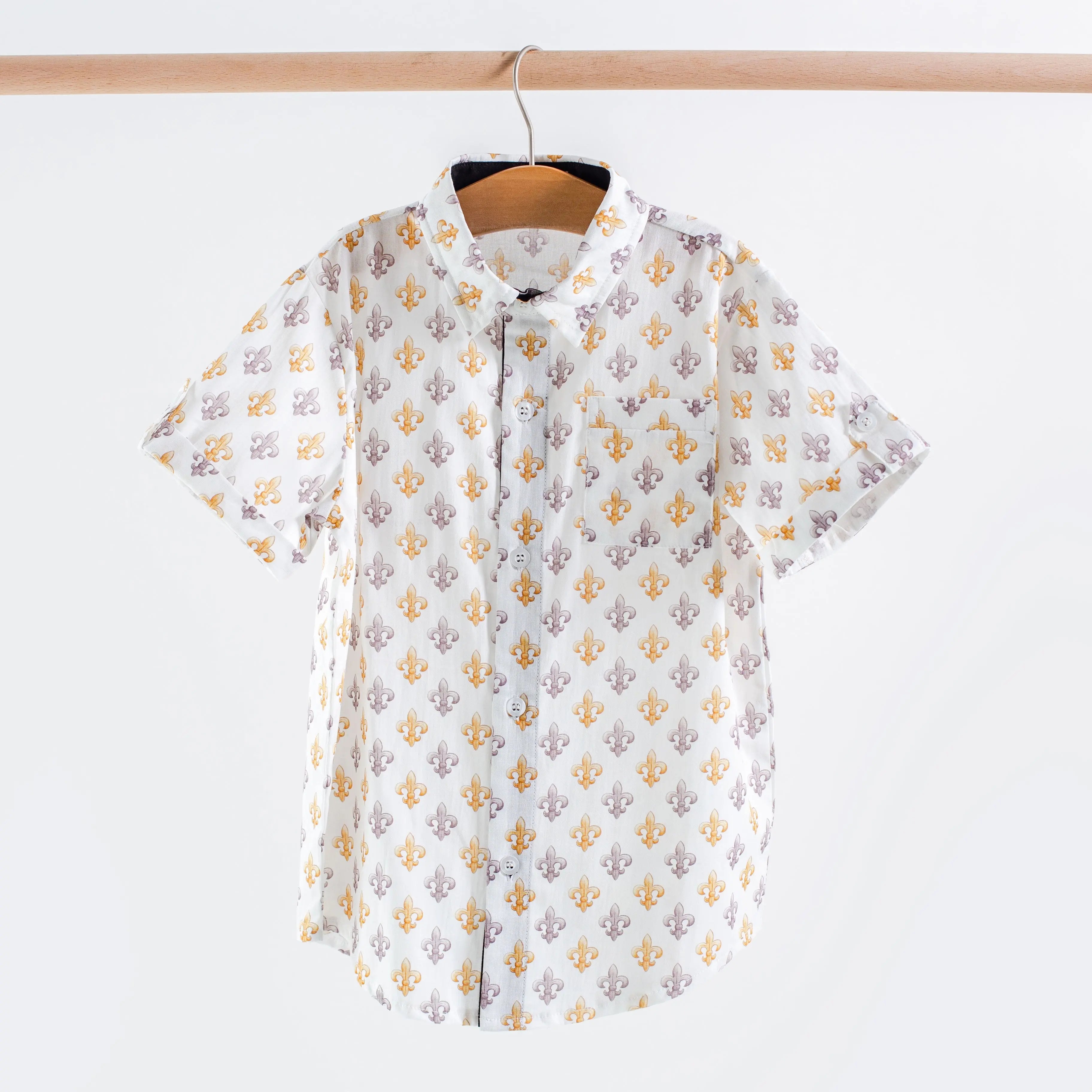 Black and Gold Fleur de Lis Short Sleeve Collared Shirt by Nola Tawk, Southern lifestyle apparel main product photo