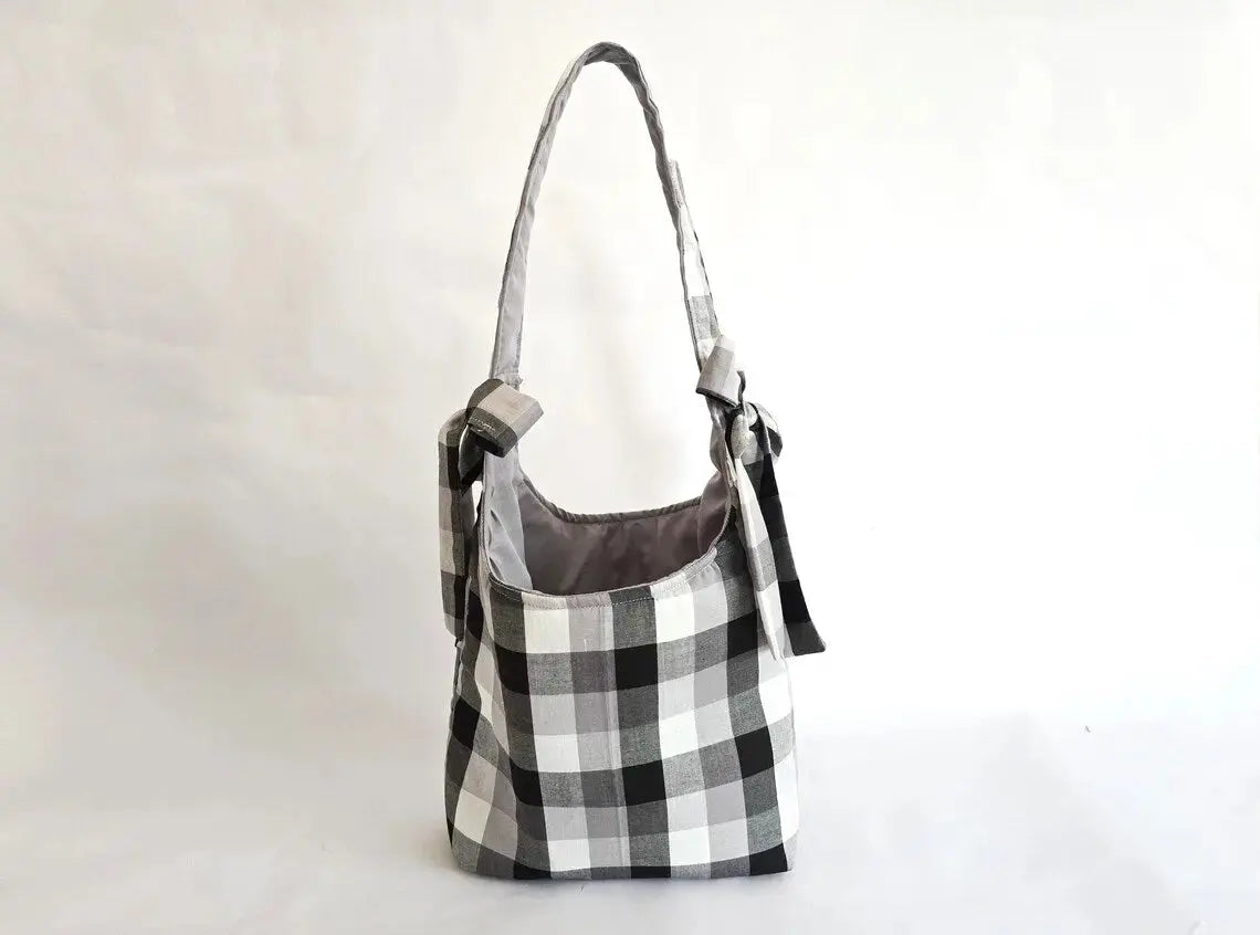 Black and White Buffalo Plaid Tote Bag – Handmade Farmhouse Shoulder Bag, Neutral Everyday Purse, Gingham Market Tote by Maypop House Designs, handmade leather goods main product