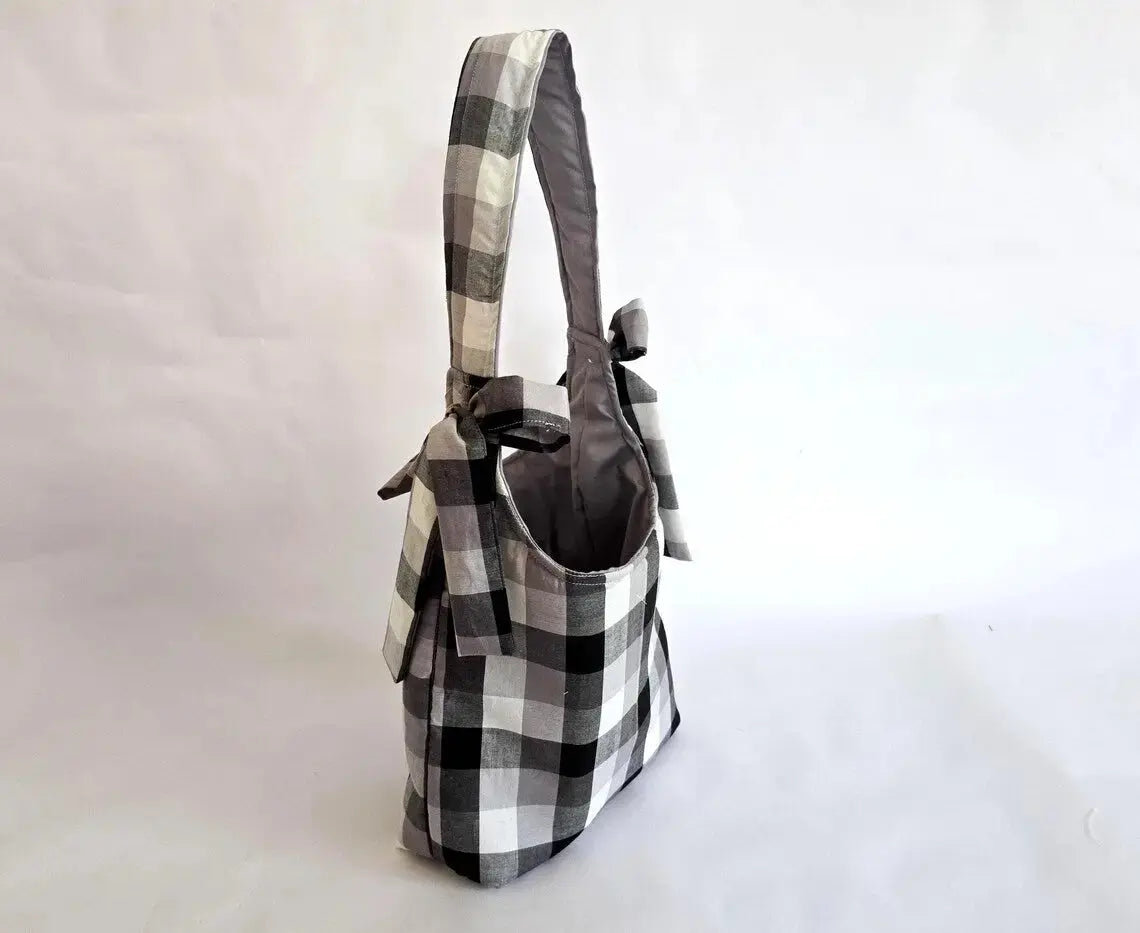 Black and White Buffalo Plaid Tote Bag – Handmade Farmhouse Shoulder Bag, Neutral Everyday Purse, Gingham Market Tote Maypop House Designs