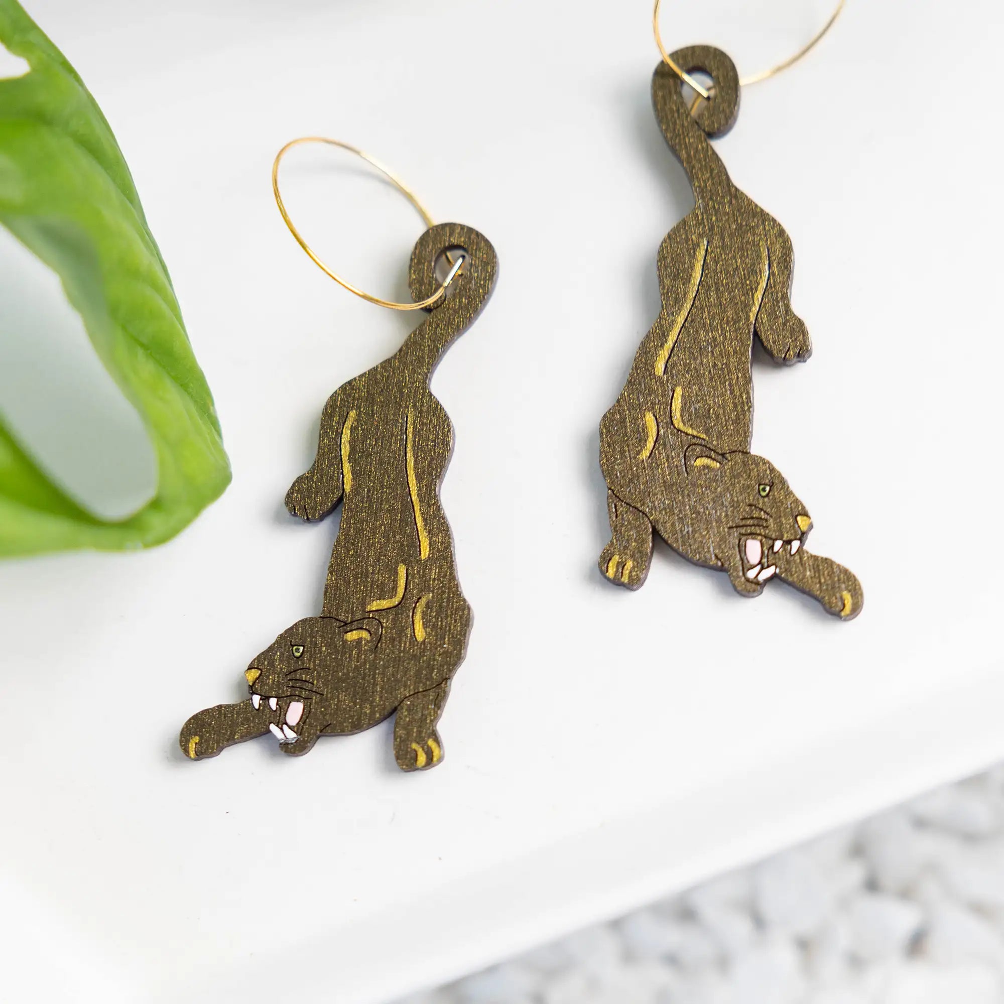 Black Jungle Cat Hoop Earrings hand painted on lightweight wood by LE CHIC MIAMI