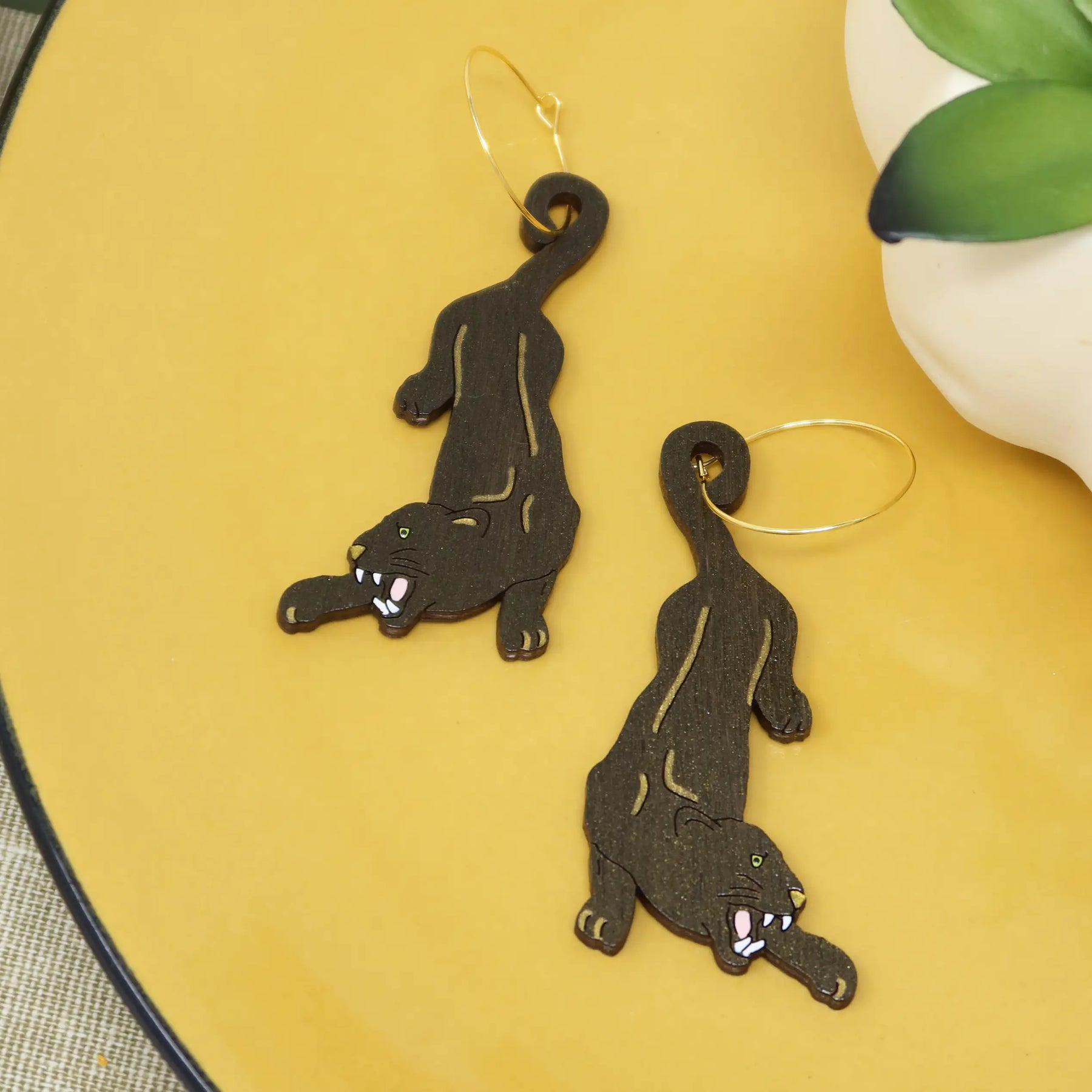 Additional view of Black Jungle Cat Hoop Earrings hand painted on lightweight wood by LE CHIC MIAMI