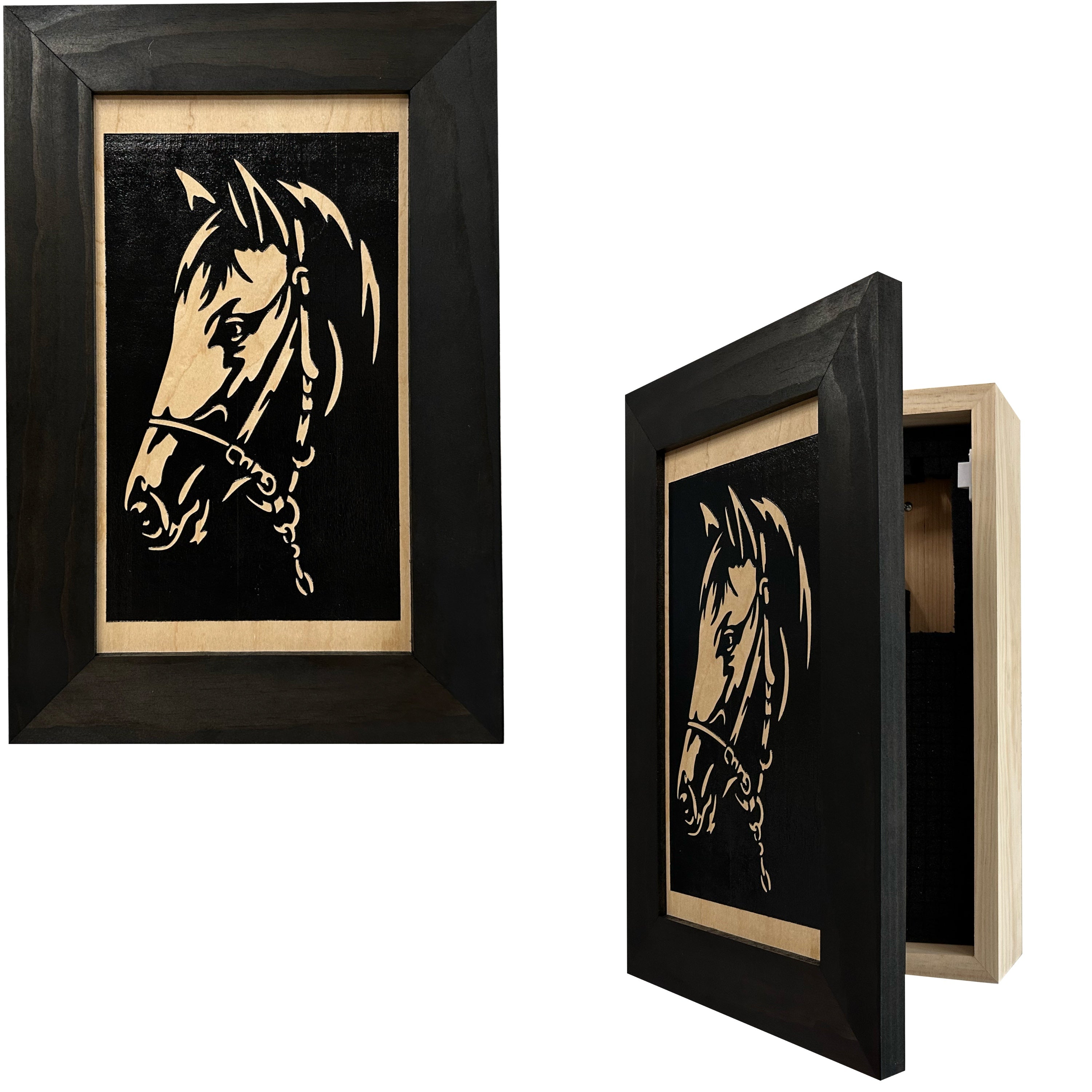 Horse Wall Art Gun Concealment Furniture - Handcrafted Hidden Gun Storage Wall Decor - Hidden Gun Shelf with Magnetic Lock for Quick Access