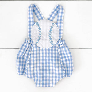 Blue Baseball Sunsuit by Seven Lantern Lane, children's boutique clothing detail photo 3