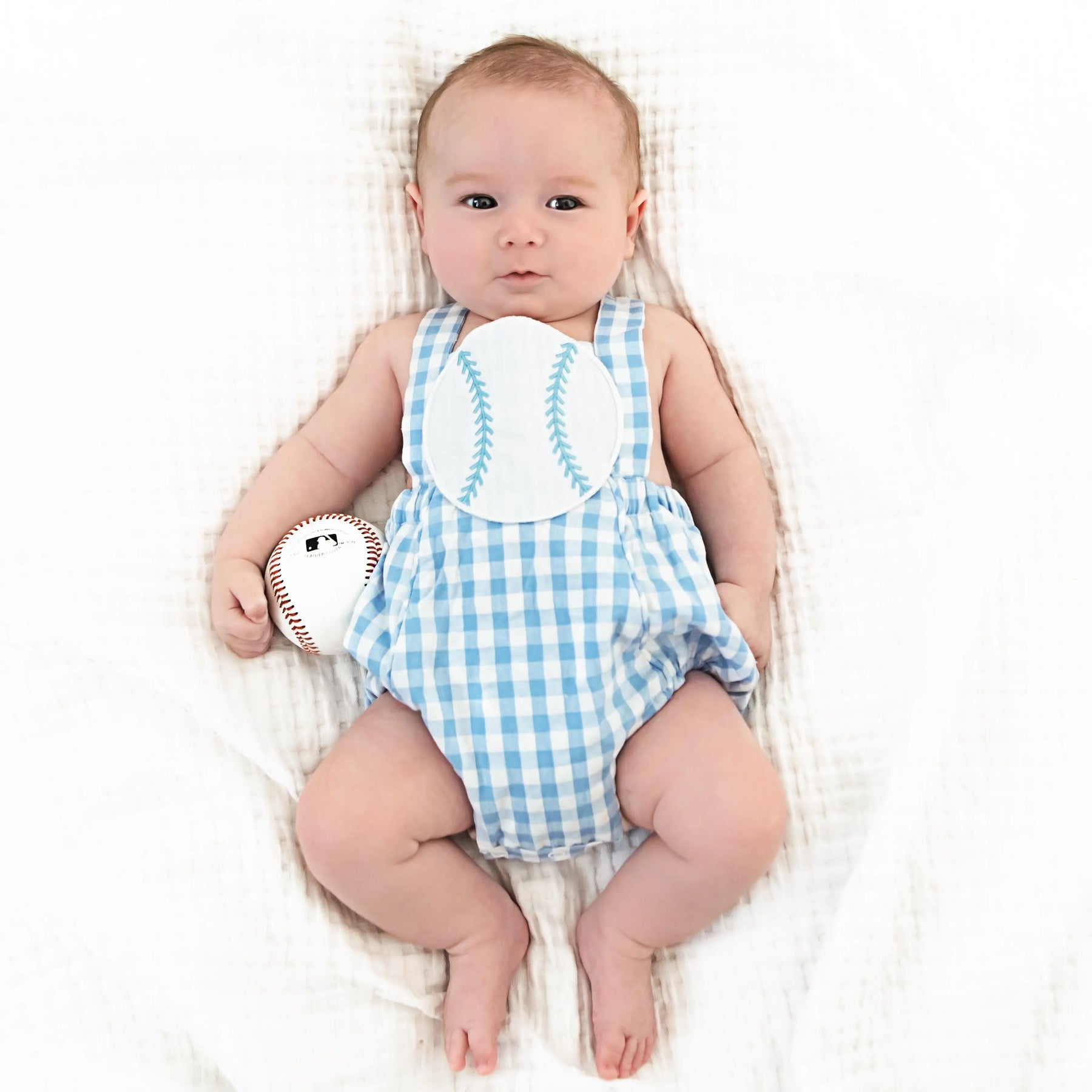 Blue Baseball Sunsuit by Seven Lantern Lane, children's boutique clothing detail photo 13