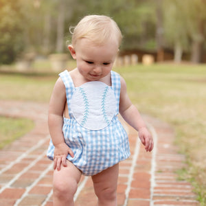 Blue Baseball Sunsuit by Seven Lantern Lane, children's boutique clothing detail photo 15