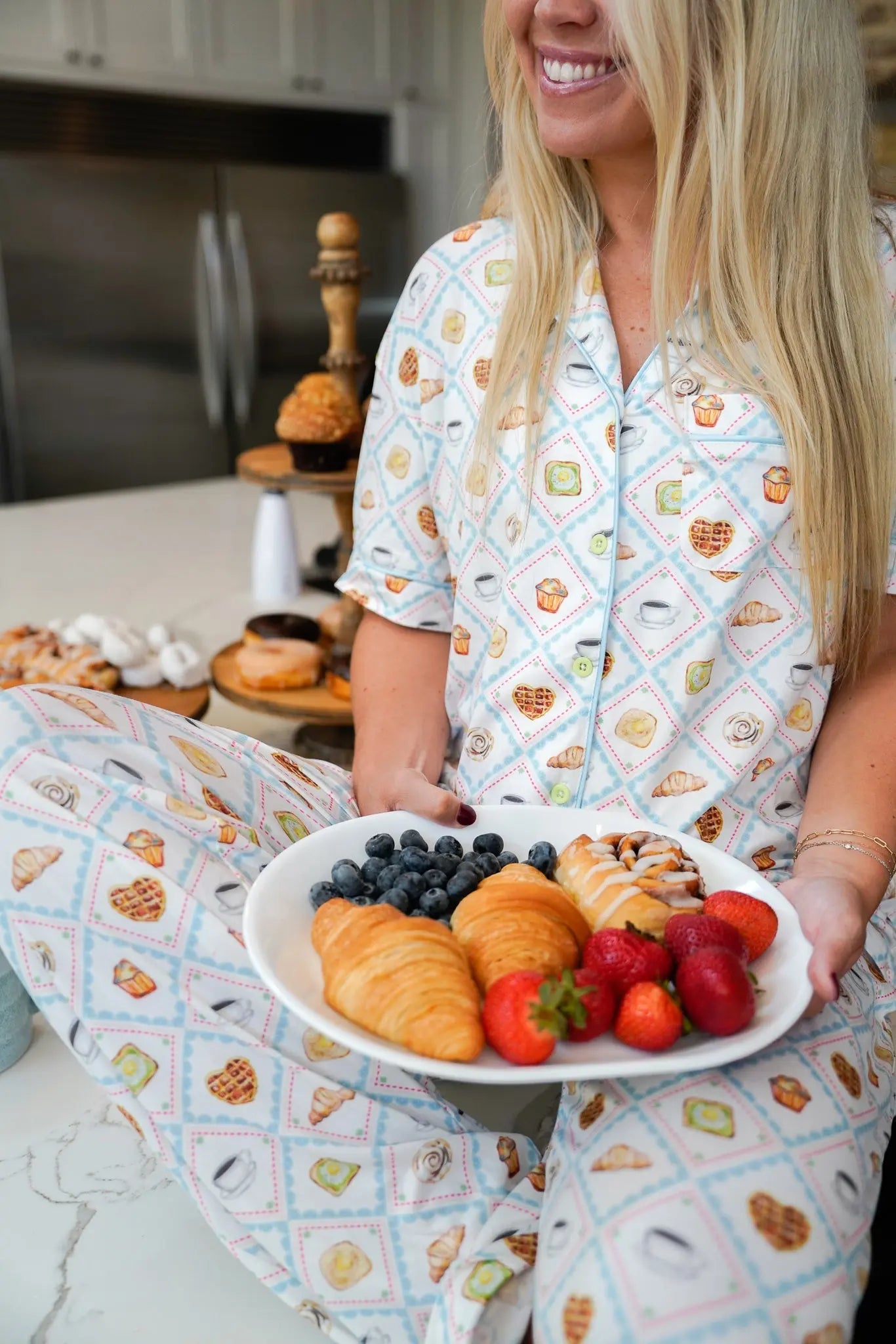 Blue Breakfast - Short Sleeve + Pant Pajama Set by KenzKustomz, Southern food gift main product photo