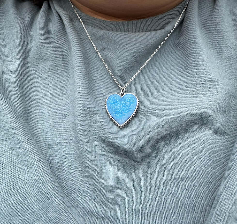 Blue Heart Necklace by Mushroom Lady Co. - Silver Chain Pendant Jewelry