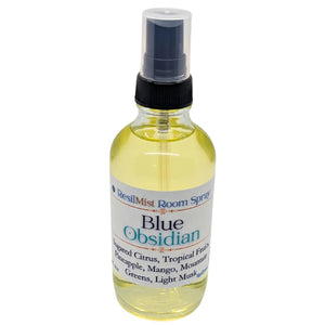 Blue Obsidian Room Spray in a clear bottle with a black spray nozzle. The label lists scent notes.