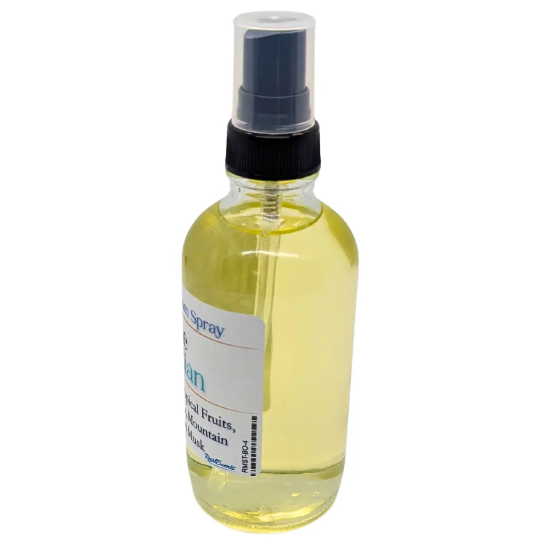 Bottle of BLUE OBSIDIAN RESILMIST™ ROOM SPRAY with clear cap, black nozzle, and yellow liquid inside.