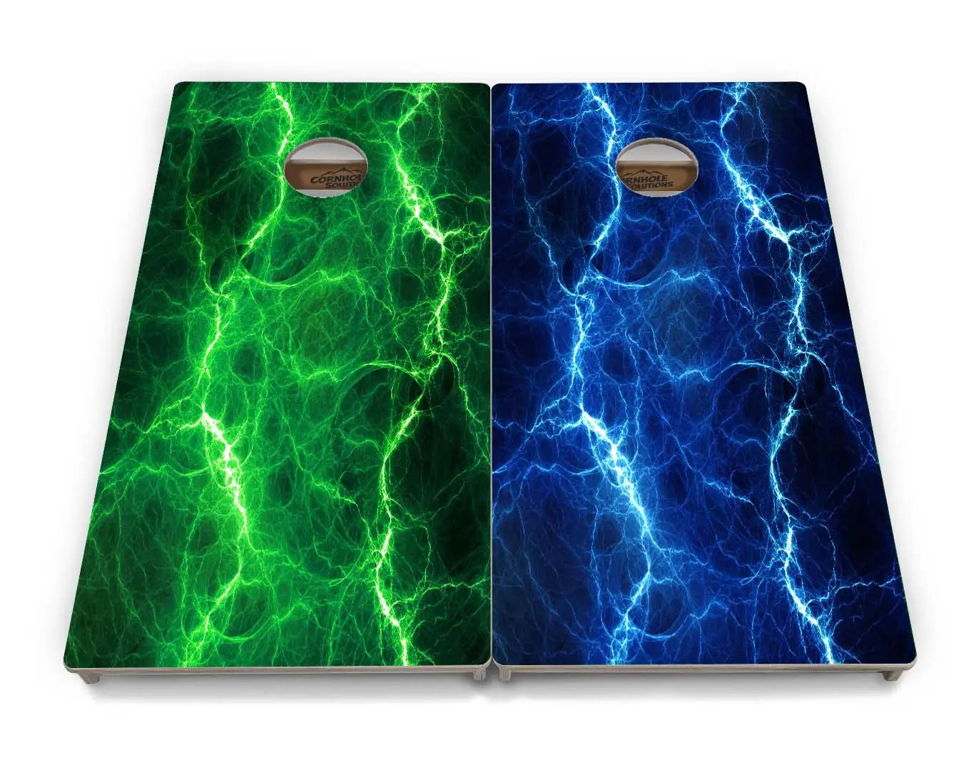 Blue & Green Lightning Cornhole Boards - Professional Tournament Series by Cornhole Solutions, custom cornhole board main product photo