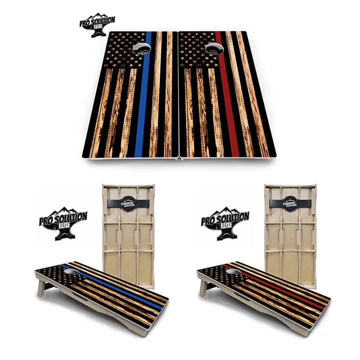 Blue & Red Line Burnt Flag Cornhole Boards - Pro Solution Elite Series by Cornhole Solutions, custom cornhole board main product photo