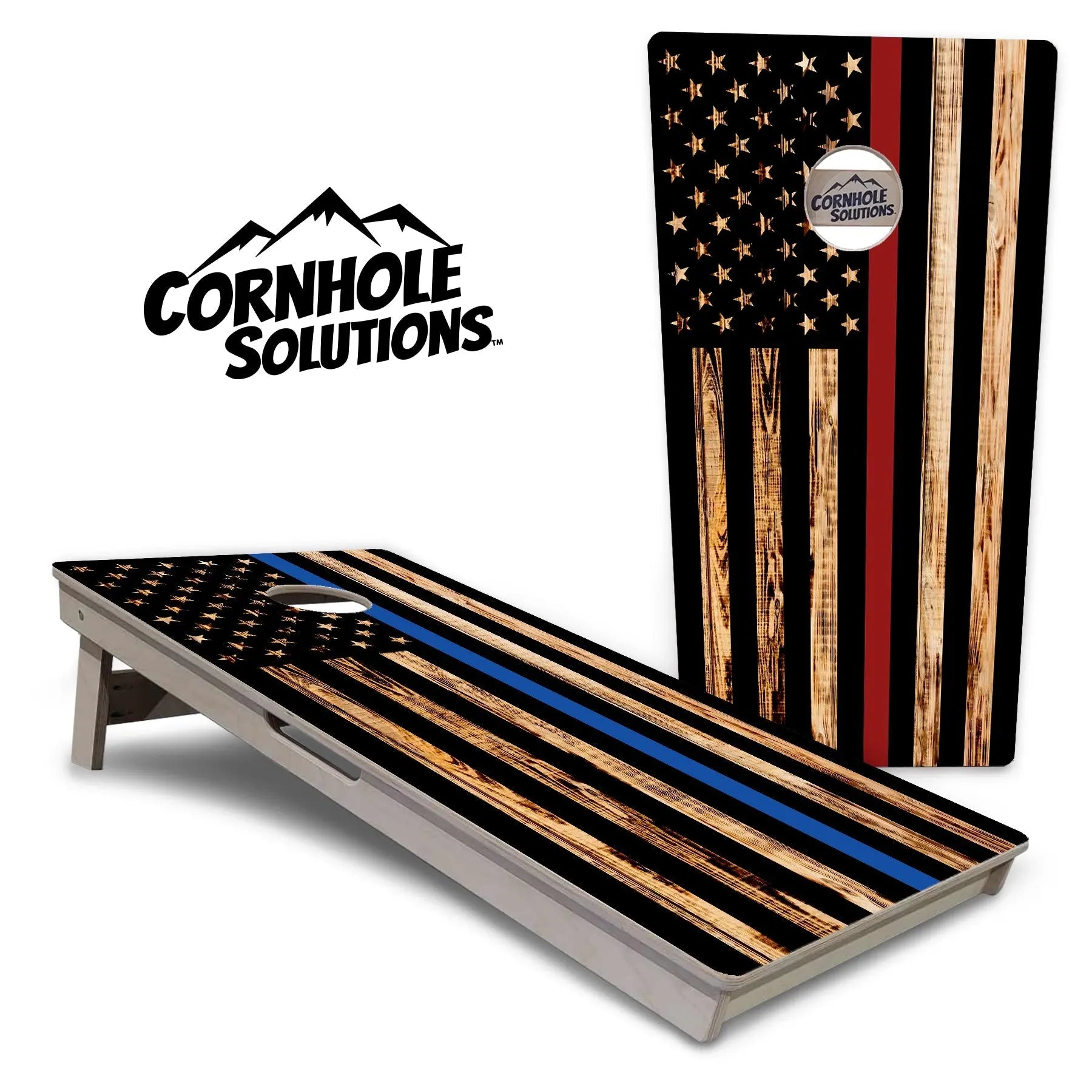 Blue & Red Line Burnt Flag Cornhole Boards - Professional Tournament Series by Cornhole Solutions, custom cornhole board main product photo