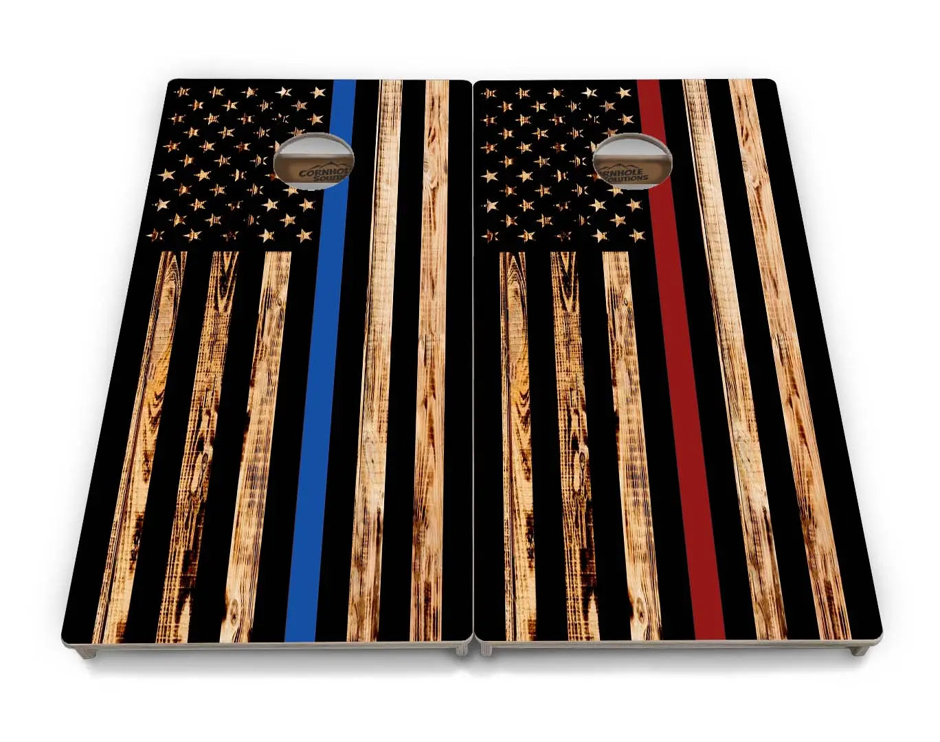 Blue & Red Line Burnt Flag Cornhole Boards - Professional Tournament Series by Cornhole Solutions, custom cornhole board detail photo 2