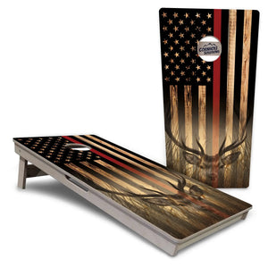 Blue & Red Line Burnt Flag Deer & Fish Cornhole Boards - Professional Tournament Series Cornhole Solutions