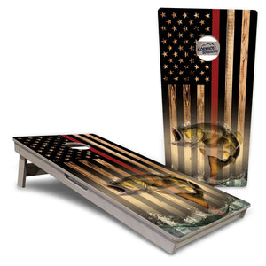 Blue & Red Line Burnt Flag Deer & Fish Cornhole Boards - Professional Tournament Series Cornhole Solutions