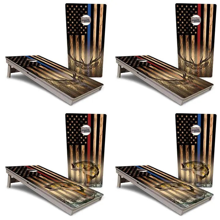 Blue & Red Line Burnt Flag Deer & Fish Cornhole Boards - Professional Tournament Series Cornhole Solutions