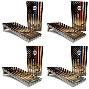 Blue & Red Line Burnt Flag Deer & Fish Cornhole Boards - Professional Tournament Series Cornhole Solutions