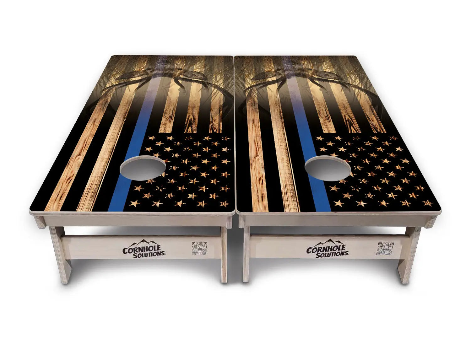 Blue & Red Line Burnt Flag Deer & Fish Cornhole Boards - Professional Tournament Series Cornhole Solutions