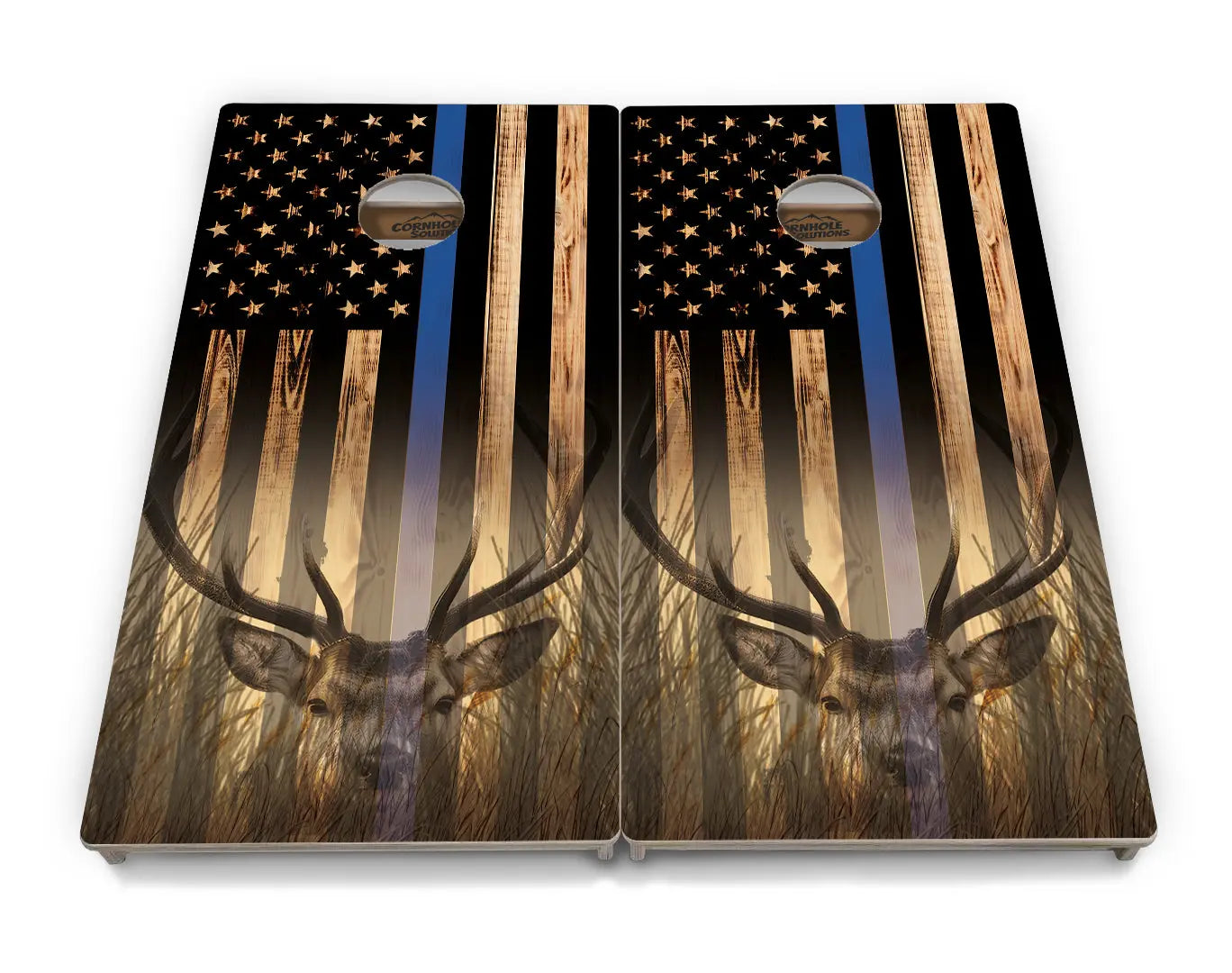 Blue & Red Line Burnt Flag Deer & Fish Cornhole Boards - Professional Tournament Series Cornhole Solutions