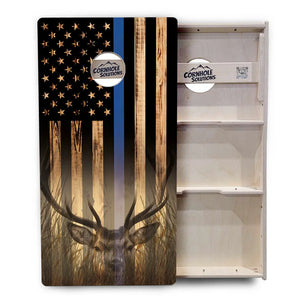 Blue & Red Line Burnt Flag Deer & Fish Cornhole Boards - Professional Tournament Series Cornhole Solutions