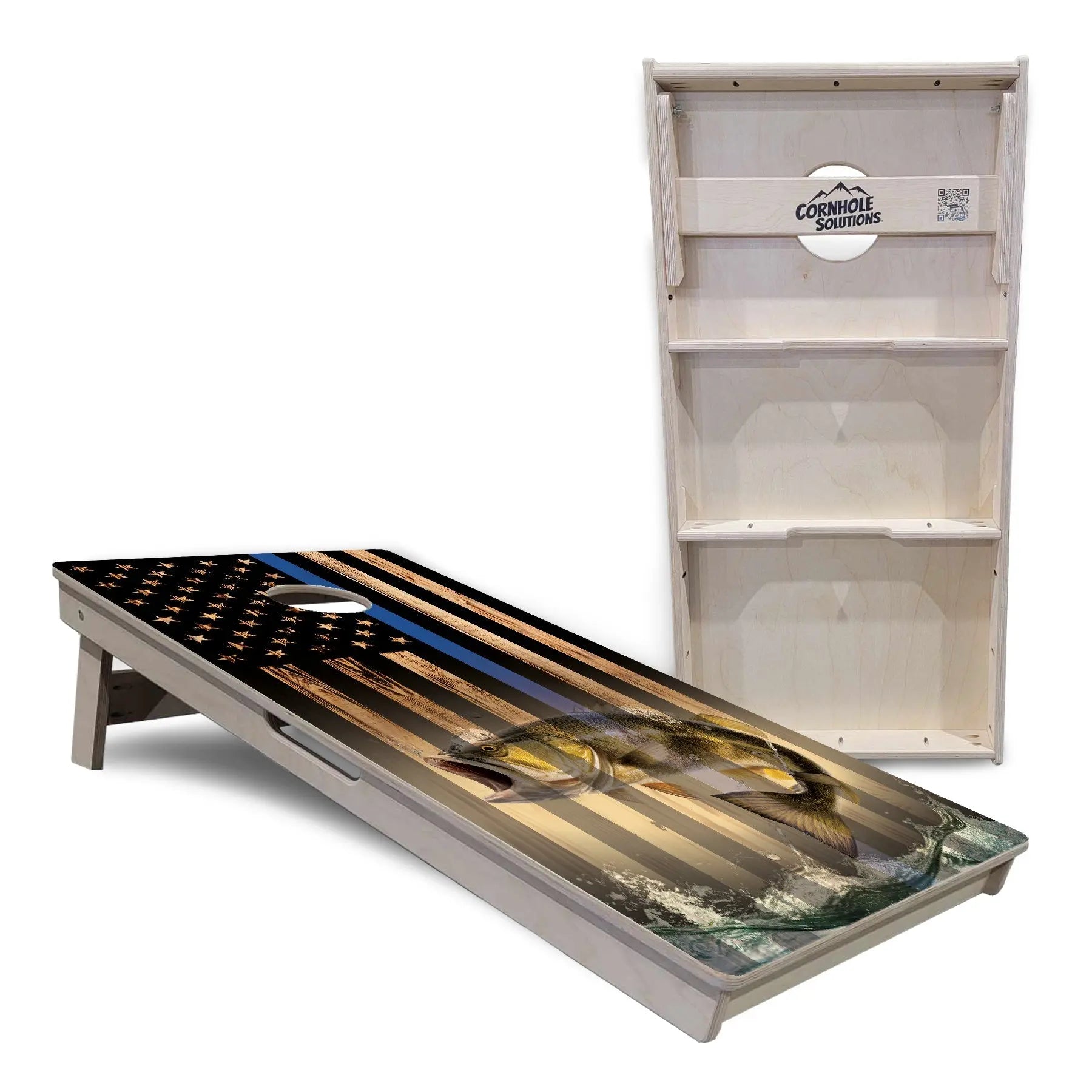 Blue & Red Line Burnt Flag Deer & Fish Cornhole Boards - Professional Tournament Series Cornhole Solutions
