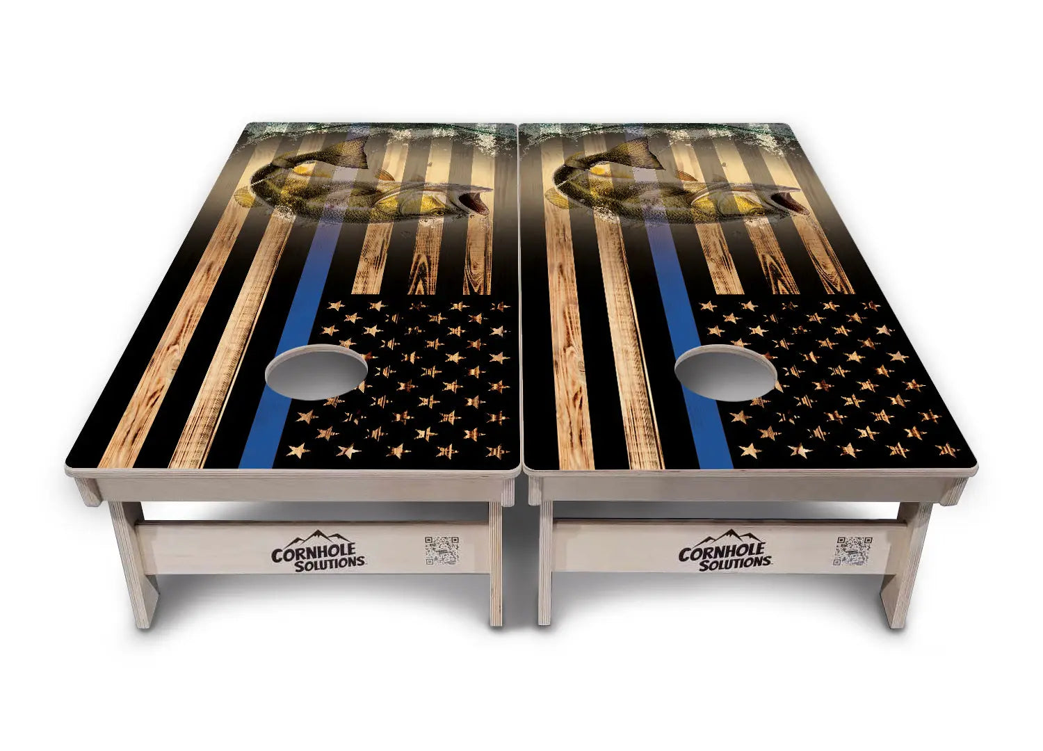 Blue & Red Line Burnt Flag Deer & Fish Cornhole Boards - Professional Tournament Series Cornhole Solutions
