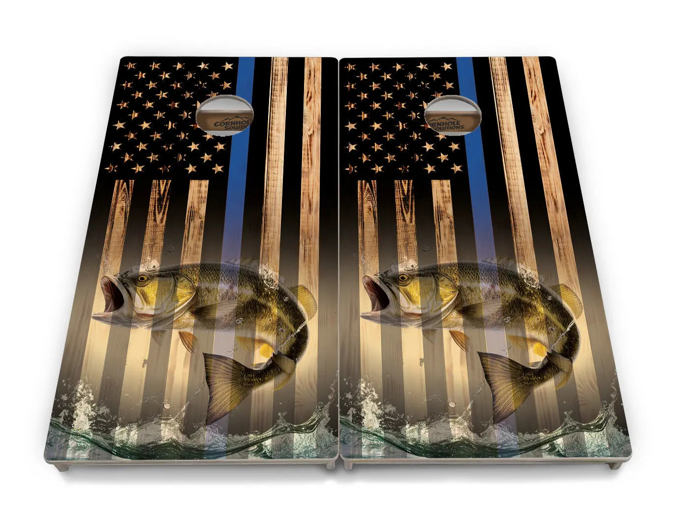 Blue & Red Line Burnt Flag Deer & Fish Cornhole Boards - Professional Tournament Series Cornhole Solutions