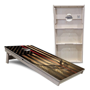 Blue & Red Line Burnt Flag Deer & Fish Cornhole Boards - Professional Tournament Series Cornhole Solutions