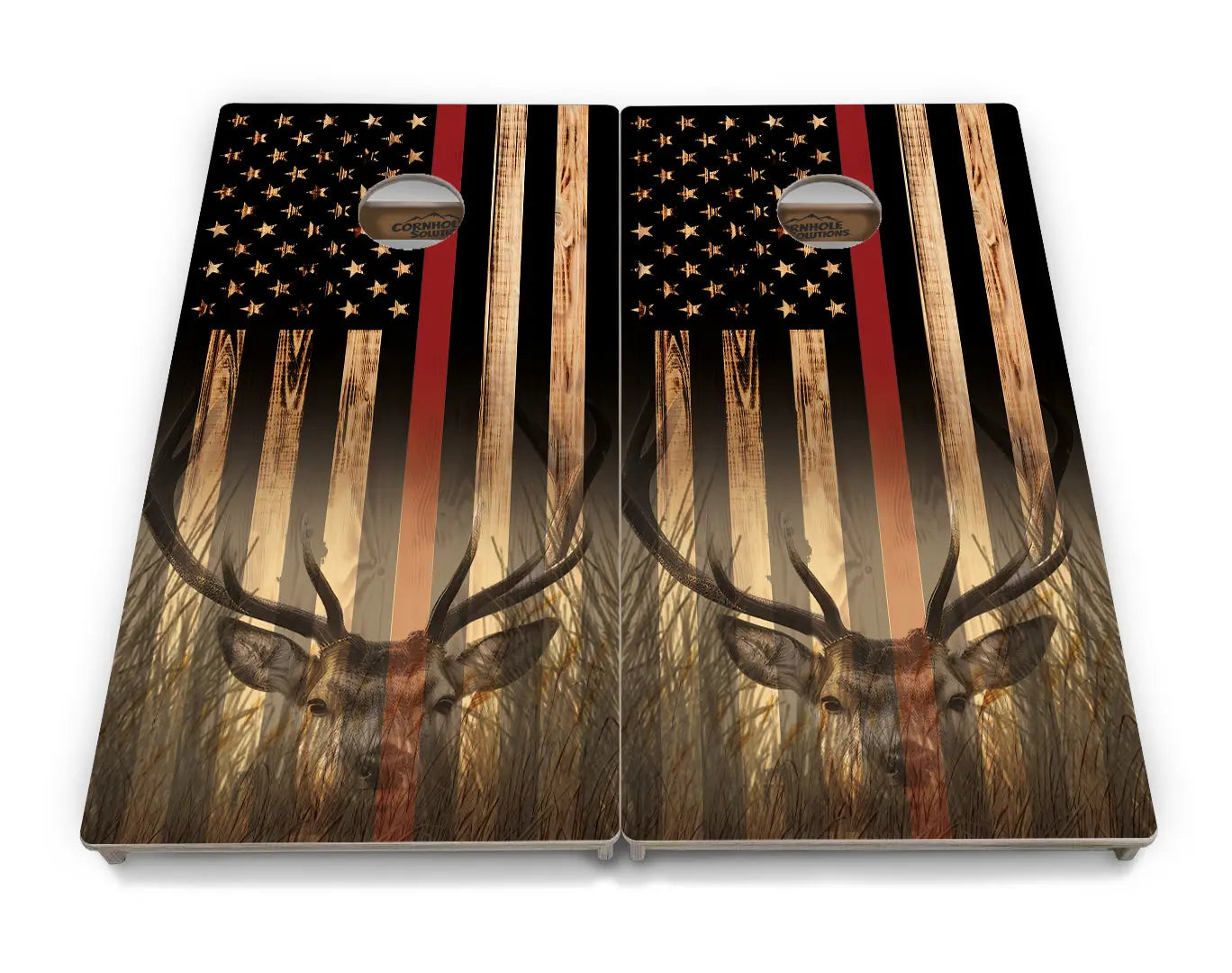 Blue & Red Line Burnt Flag Deer & Fish Cornhole Boards - Professional Tournament Series Cornhole Solutions