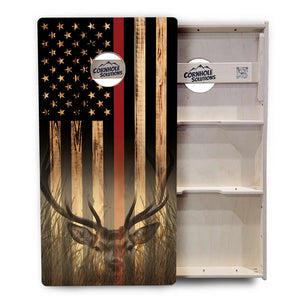 Blue & Red Line Burnt Flag Deer & Fish Cornhole Boards - Professional Tournament Series Cornhole Solutions