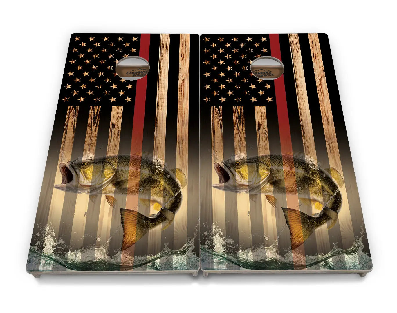 Blue & Red Line Burnt Flag Deer & Fish Cornhole Boards - Professional Tournament Series Cornhole Solutions