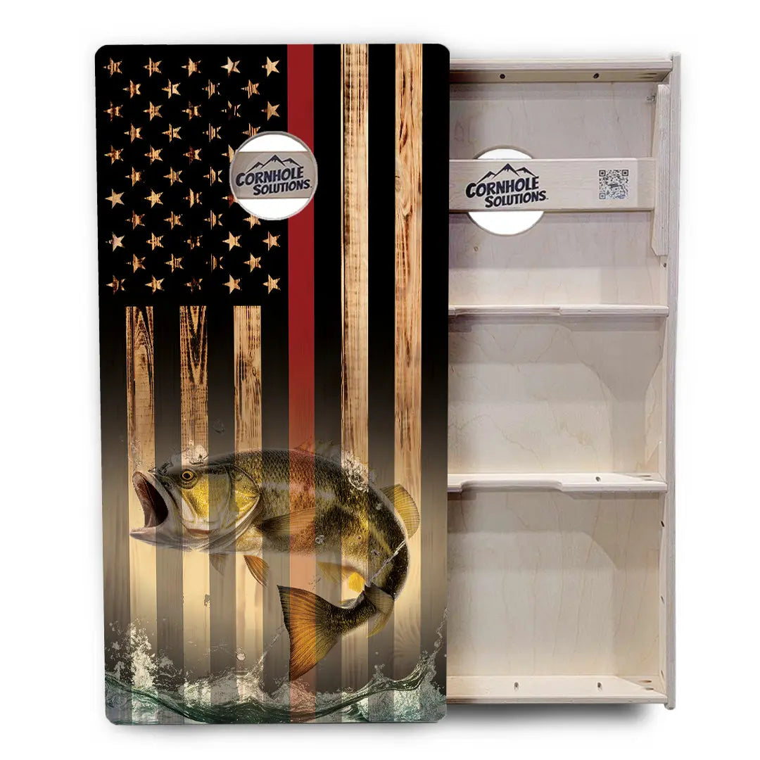 Blue & Red Line Burnt Flag Deer & Fish Cornhole Boards - Professional Tournament Series Cornhole Solutions