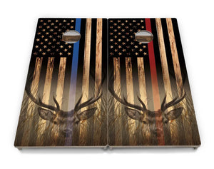 Blue & Red Line Burnt Flag Deer & Fish Cornhole Boards - Professional Tournament Series Cornhole Solutions