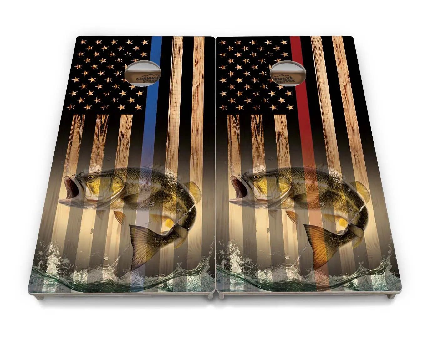 Blue & Red Line Burnt Flag Deer & Fish Cornhole Boards - Professional Tournament Series Cornhole Solutions