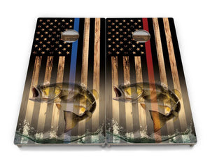 Blue & Red Line Burnt Flag Deer & Fish Cornhole Boards - Professional Tournament Series Cornhole Solutions