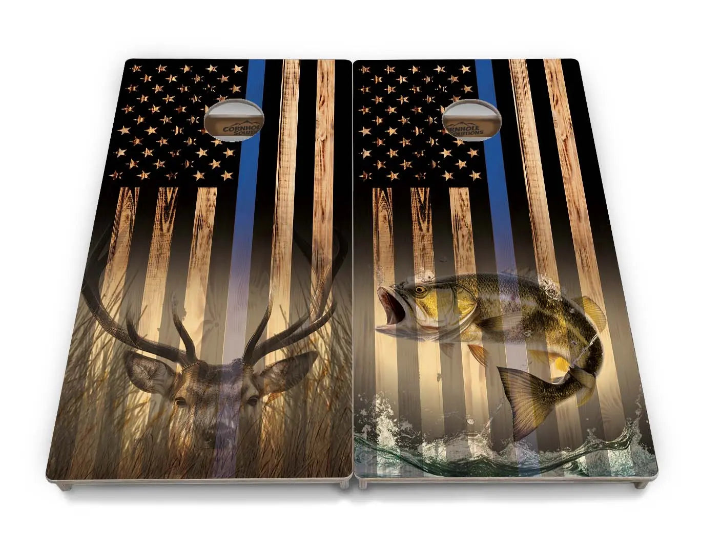 Blue & Red Line Burnt Flag Deer & Fish Cornhole Boards - Professional Tournament Series Cornhole Solutions