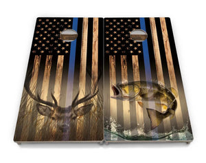 Blue & Red Line Burnt Flag Deer & Fish Cornhole Boards - Professional Tournament Series Cornhole Solutions